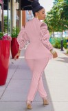 Pink Ruffles Lace Turndown Collar Blazer and Pant Two Piece Set