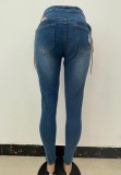 Dark Blue Hollow Out Lace Up Distressed Tight Jeans