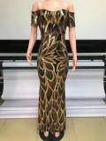 Golden Sequin Black Off Shoulder Elegant Maxi Mermaid Dress