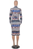 Print High Neck Long Sleeves Midi Bodycon Dress with Belt