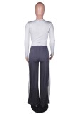 Grey V-Neck Top and Contrast Color Wide Pants Two Piece Set
