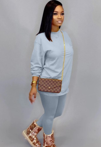 Grey Long Sleeves O-Neck Top and Pants Two Piece Loungewear