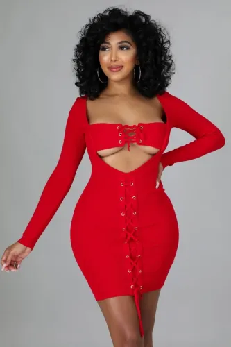 Red Keyhole Lace Up Long Sleeve Mini Dress