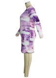 Plus Size Purple Tie Dye Long Sleeve O-Neck Skinny Dress