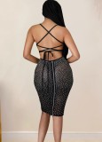 Rhinestone Black Cami Backless See Through Midi Dress