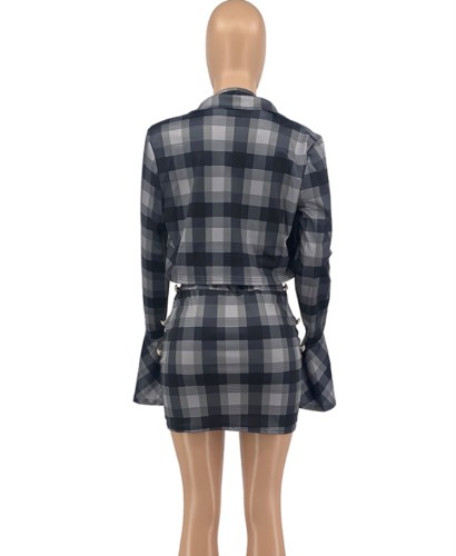 Grey Checks Bra and Flare Sleeve Blazer with Mini Dress 3 Piece Set