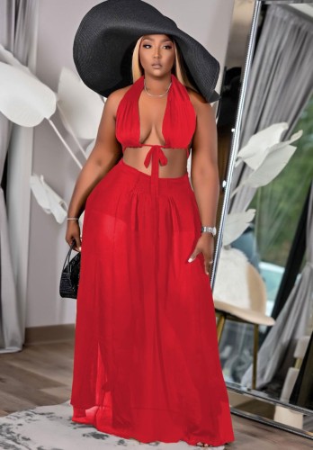 Red Halter Backless Bra and Maxi Skirt Two Piece Set
