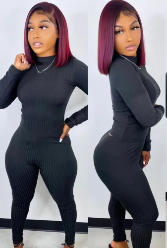 Black Ribbed Round Neck Slinky Top and Pants Two Piece Set
