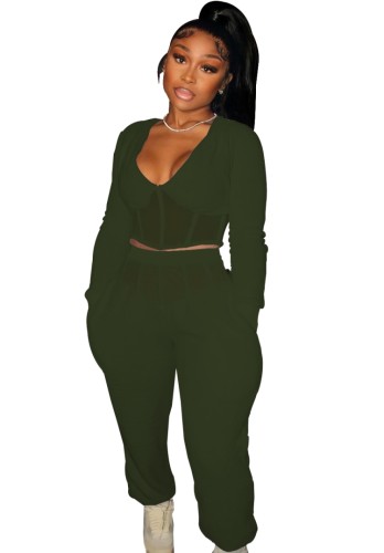 Green Patch V-Neck Long Sleeves Tunic Top and Pants 2PC Set