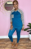 Leopard Print Patchwork Blue Raglan Sleeve Top And Pant Two Piece Set