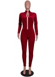 Red Ribbed Zip Up Long Sleeves Fitted Jumpsuit