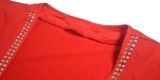 White Mesh Patch Red Beaded Deep-V Long Sleeve Mini Dress