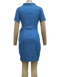 Light Blue Short Sleeve Zipper Denim Dress with O-Ring Belt