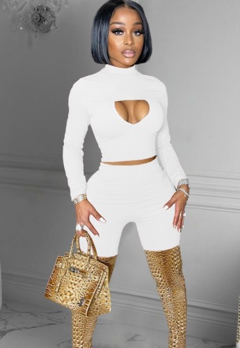 White Keyhole Long Sleeve Crop Top And Pants Two Piece Set