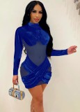 Mesh Patch Blue Velour Midi Neck Mini Fitted Dress