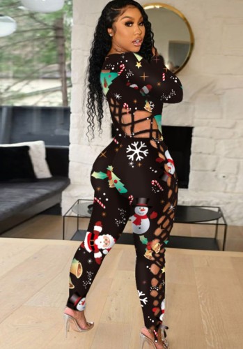 Christmas Print Hollow Out Lace Up Tight Jumpsuit
