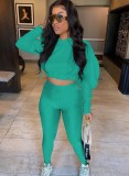 Green Hoody Drop Shoulder Crop Top and Tight Legging 2PCS Set