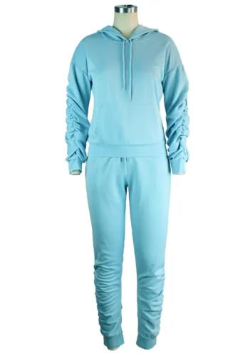 Blue Stacked Drawstring Hoody Top and Pants 2PCS Set