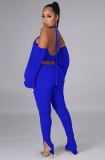 Blue Cut Out Open Back Crop Top and Ruched Pants 2PC Set