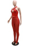 Red Sequin Halter Keyhole Crop Top and Pants Two Piece Set