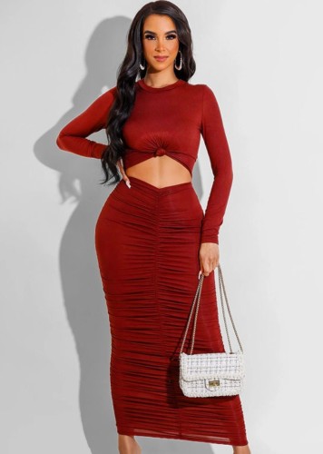 Red Long Sleeve O-Neck Crop Top and Ruched Maxi Skirt 2PCS Set