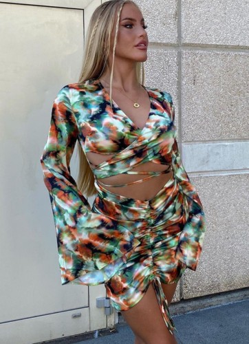 Tie Dye Print V-Neck Hollow Out Flare Sleeve Knotted Mini Dress