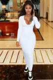 White Ribbed Long Sleeves Slim Fit Dress