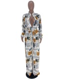 Newspaper Print White Button Up Stand Collar Loose Jumpsuit with Belt