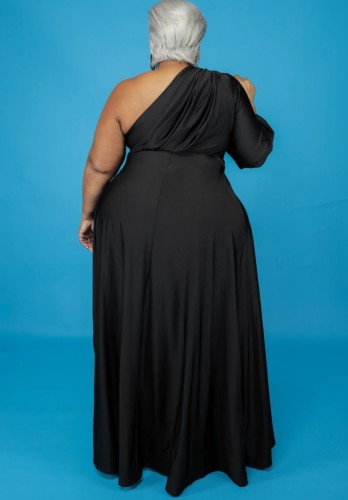 Plus Size Black One Sleeve Oblique Shoulder Irregular Dress