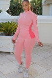 Pink Contast Zipper Collar Long Sleeve Top and Pant Two Piece Set