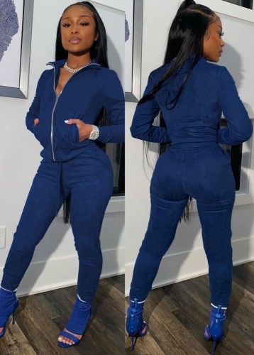 Blue Zip Up Long Sleeve Top and Drawstring Pants 2PC Set