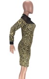 Leopard Print Black Mesh Patch Midi Bodycon Dress