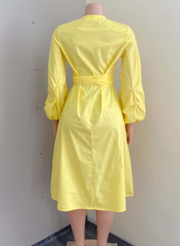 Plus Size Yellow V-Neck Long Sleeve Midi Dress with Belt