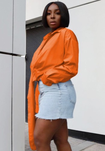 Orange Deep-V Ruched Shirring Blouse