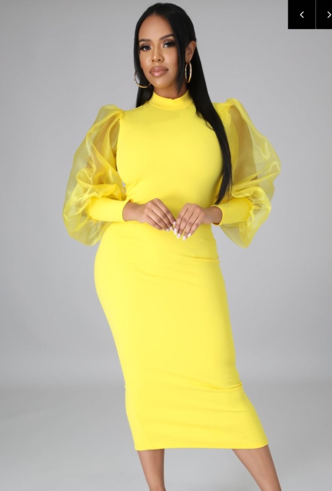 Yellow Silk Puff Sleeve Slit Midi Dress
