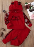 Kids Girl Letter Print Red Check Hoody Top and Pant Two Piece Set