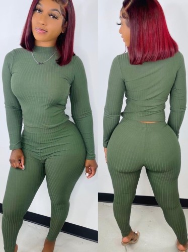 Green Ribbed Round Neck Slinky Top and Pants Two Piece Set