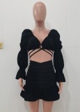 Black Bubble Sleeve Crop Top and Ruched Shirring Skirt 2PCS Set
