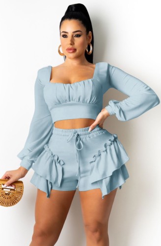 Blue Square Neck Crop Top and Ruffle Drawstring Shorts Two Piece Set