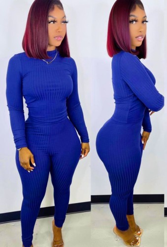 Blue Ribbed Round Neck Slinky Top and Pants Two Piece Set