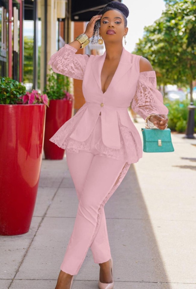 Pink Ruffles Lace Turndown Collar Blazer and Pant Two Piece Set