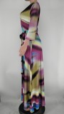 Plus Size Colorful Print Wrap Long Sleeve Maxi Dress with Belt