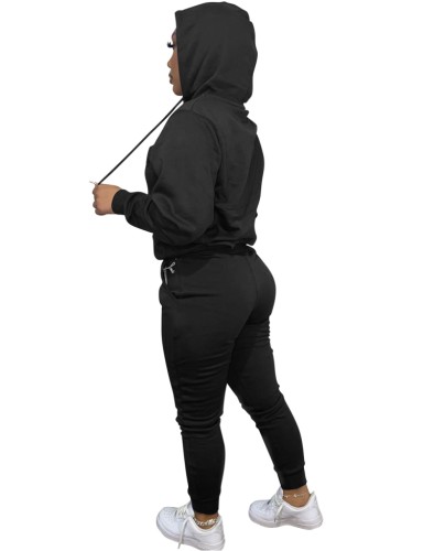 Black Long Sleeve Hoody Top and Pant 2PCS Set with Pocket