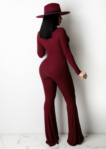 Burgundy Cut Out Long Sleeves Slim Fit Flare Jumpsuit