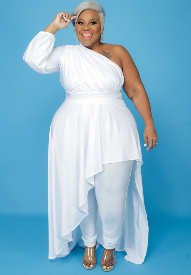Plus Size White One Sleeve Oblique Shoulder Irregular Dress