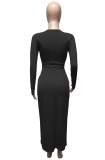 Black Ribbed Button Long Sleeve Long Rope Dress