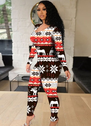 Christmas Print Hollow Out Lace Up Tight Jumpsuit