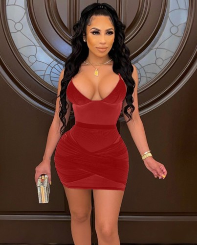 Red Mesh See Through Plunge Neck Cami Tight Dress