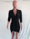 Black 3/4 Sleeve Turndown Collar Irregualr Blazer Dress With Belt