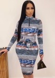 Print High Neck Long Sleeves Midi Bodycon Dress with Belt